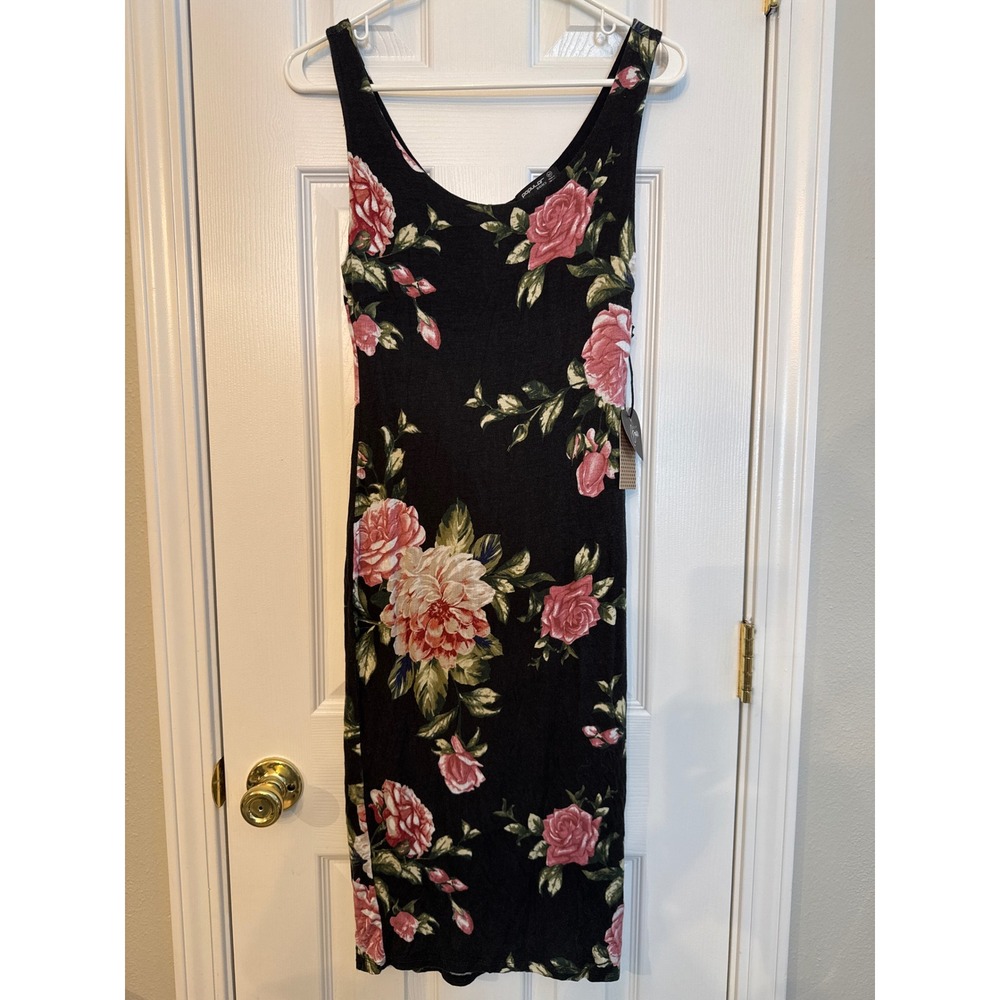 Popular Basics Womens Floral Rose Print Midi Dress Black Pink Size M NWT